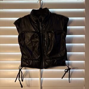 Kaylee Kollection Faux Leather Cropped Cargo Puffer Vest - Black (Size L)